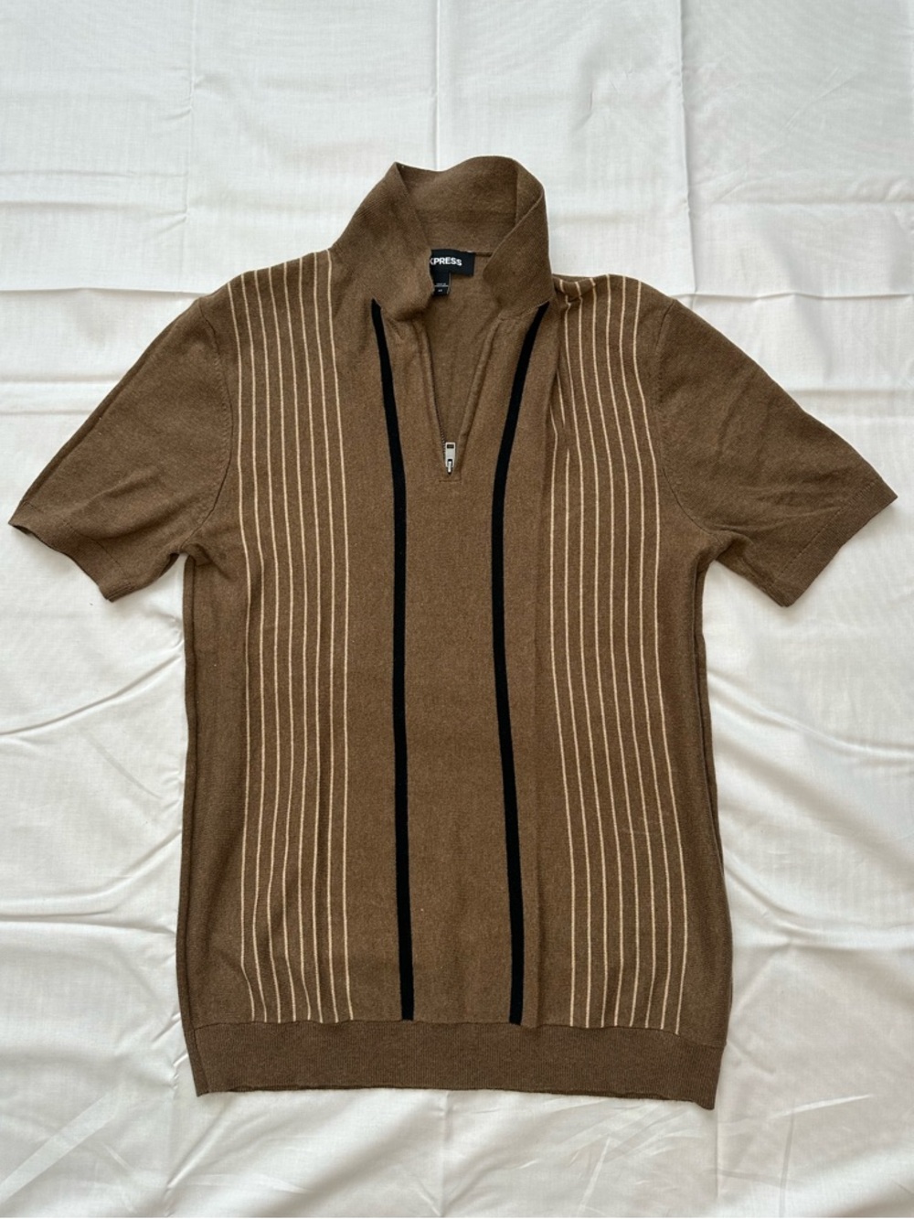 Express Men's Brown Short-Sleeve Zip Sweater with Cream Pinstripes